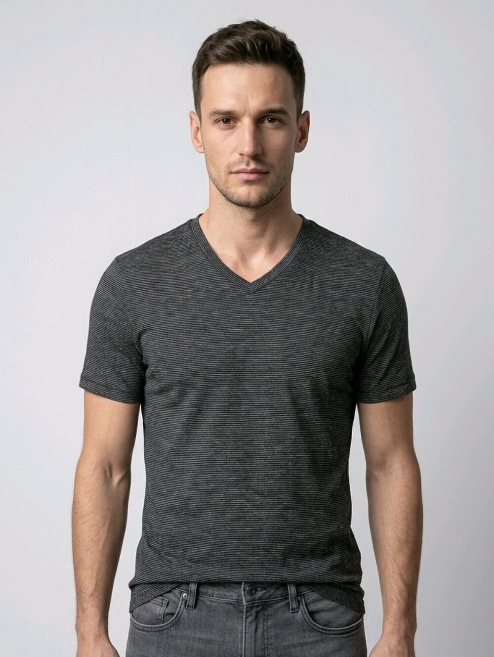 Michael Kors Black & Gray Striped V-Neck Tee
